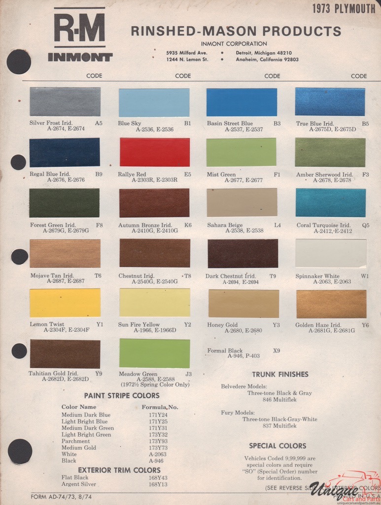 1973 Plymouth Paint Charts RM 1